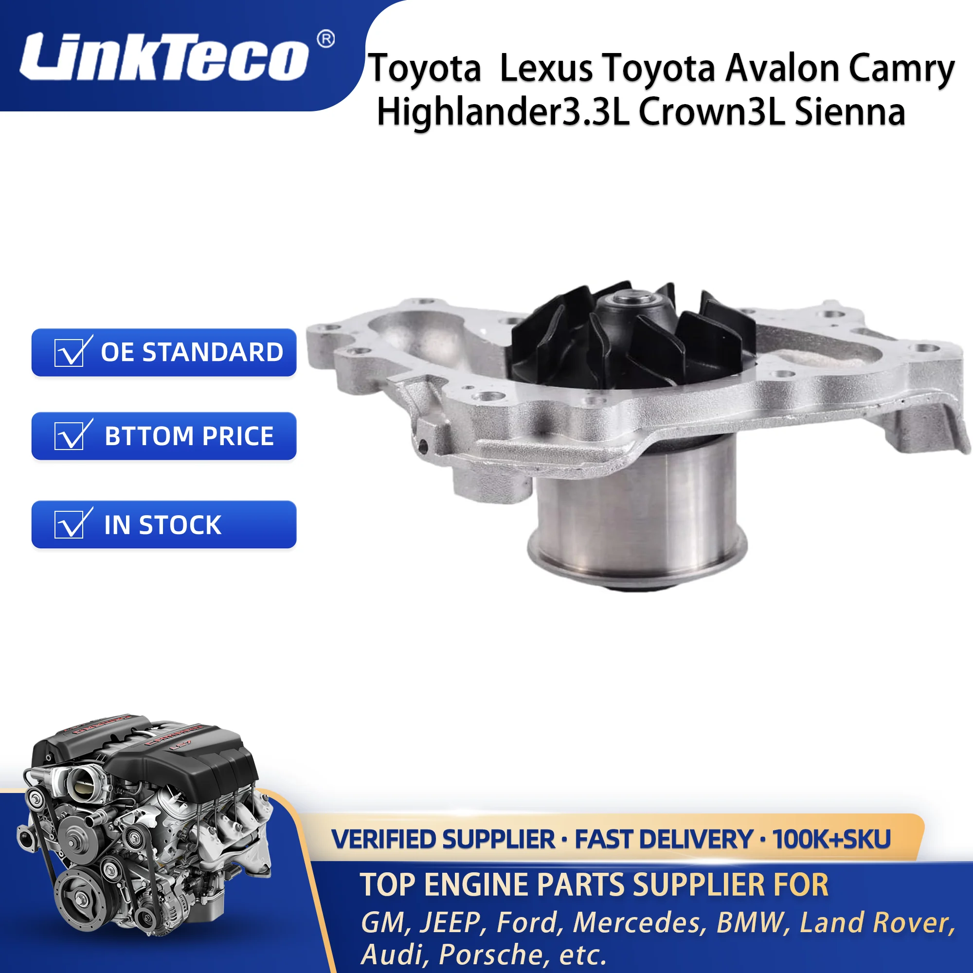 Linkteco Engine Water Pump for Select 94-10 Lexus ES300 Toyota Avalon Camry Highlander 3.3L Crown 3L Sienna 1610009070