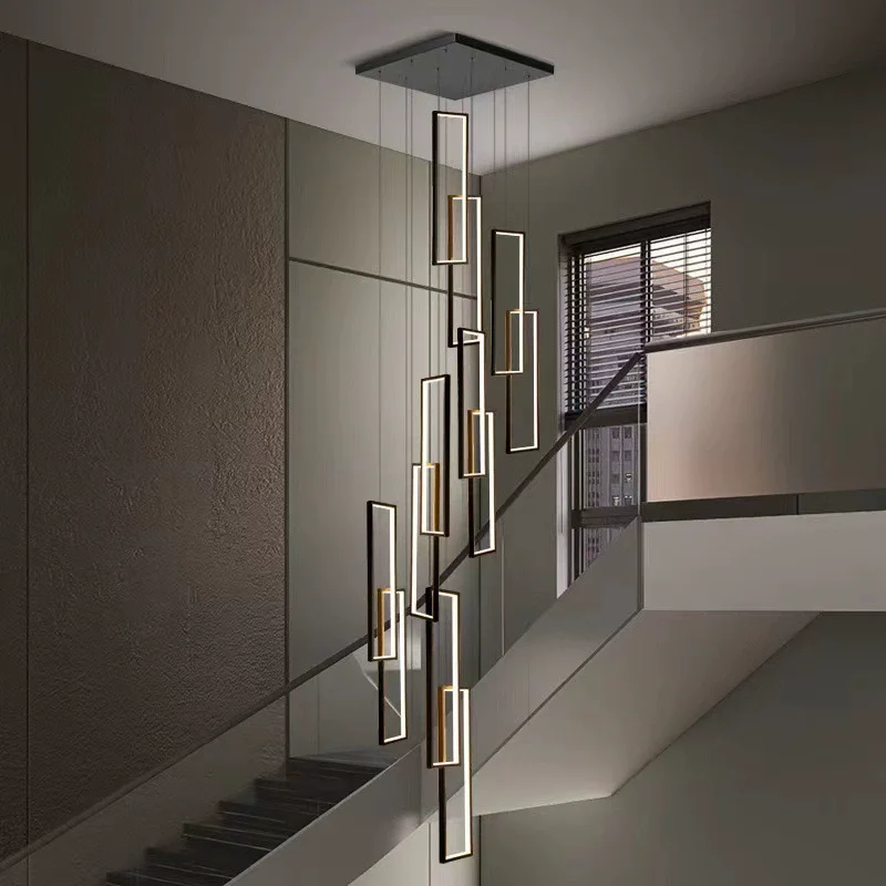 Black Gold Modern Led Pendant Light Hotel High Ceiling Geometric Hanging Lamp Staircase Large Long Customized Acrylic Chandelier
