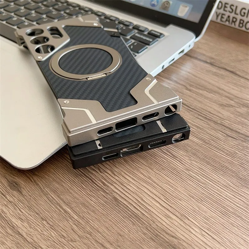 Magnetic Aluminum Metal Frameless Carbon Fiber Back Case for Samsung Galaxy S25 S24 S23 S22 Ultra Built-in 360 Rotating Holder