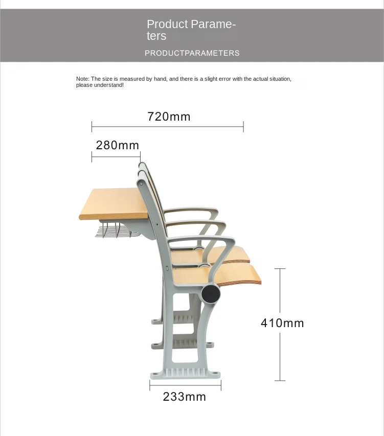 Modern Design Steel Backrest School Chair with Wooden Folding Seat Fixed Armrest Ladder Lecture Hall Table for College Students