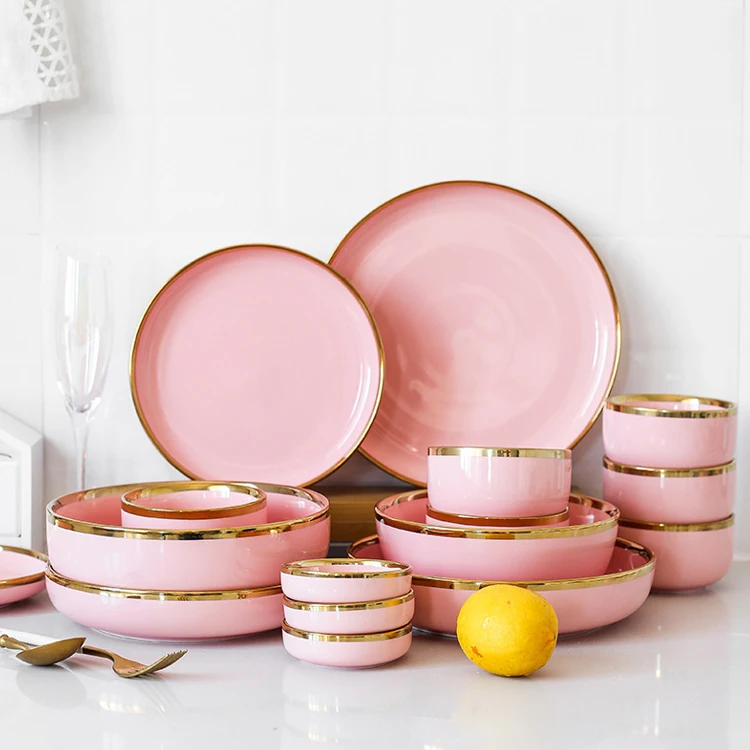 Spezielles Design Goldumrandetes Porzellan Rundes Rosa Dinner-set Geschirr Für Mehrpersonen-partys