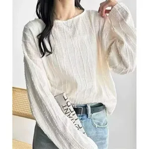 Wholesale Spring 2026 New Fashion Elegant Temperament Casual Jacquard Solid Color Long Sleeve Lace Simple Loose Women's T-Shirt