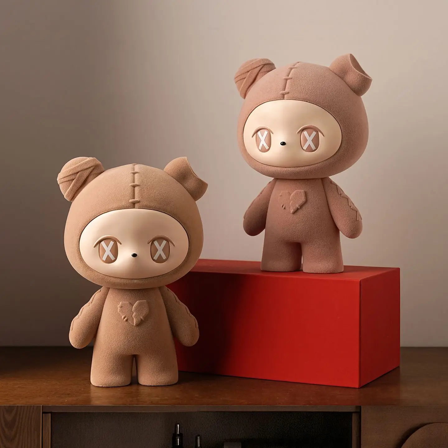 Two Cute Flocked Bear Figurines Red and Pink Tones Kawaii Style Modern Home Decor Living Room Desk Collectible Ornament Set