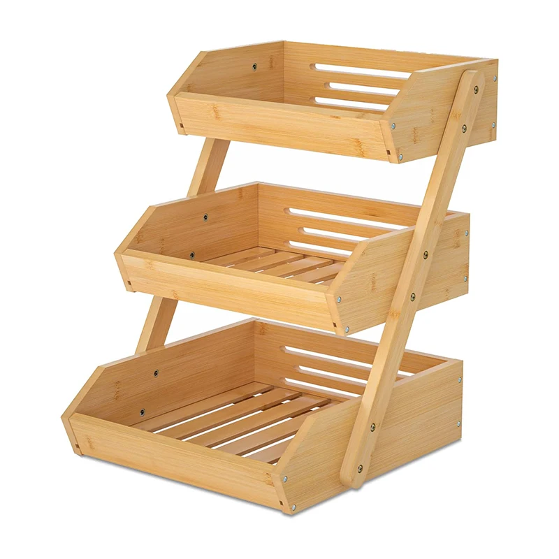 Wholesale 3 Tier Bamboo Eco-friendly Space-Saving Food & Vegetable Storage Fruit Basket for Home Kitchen Countertop Bread Snacks