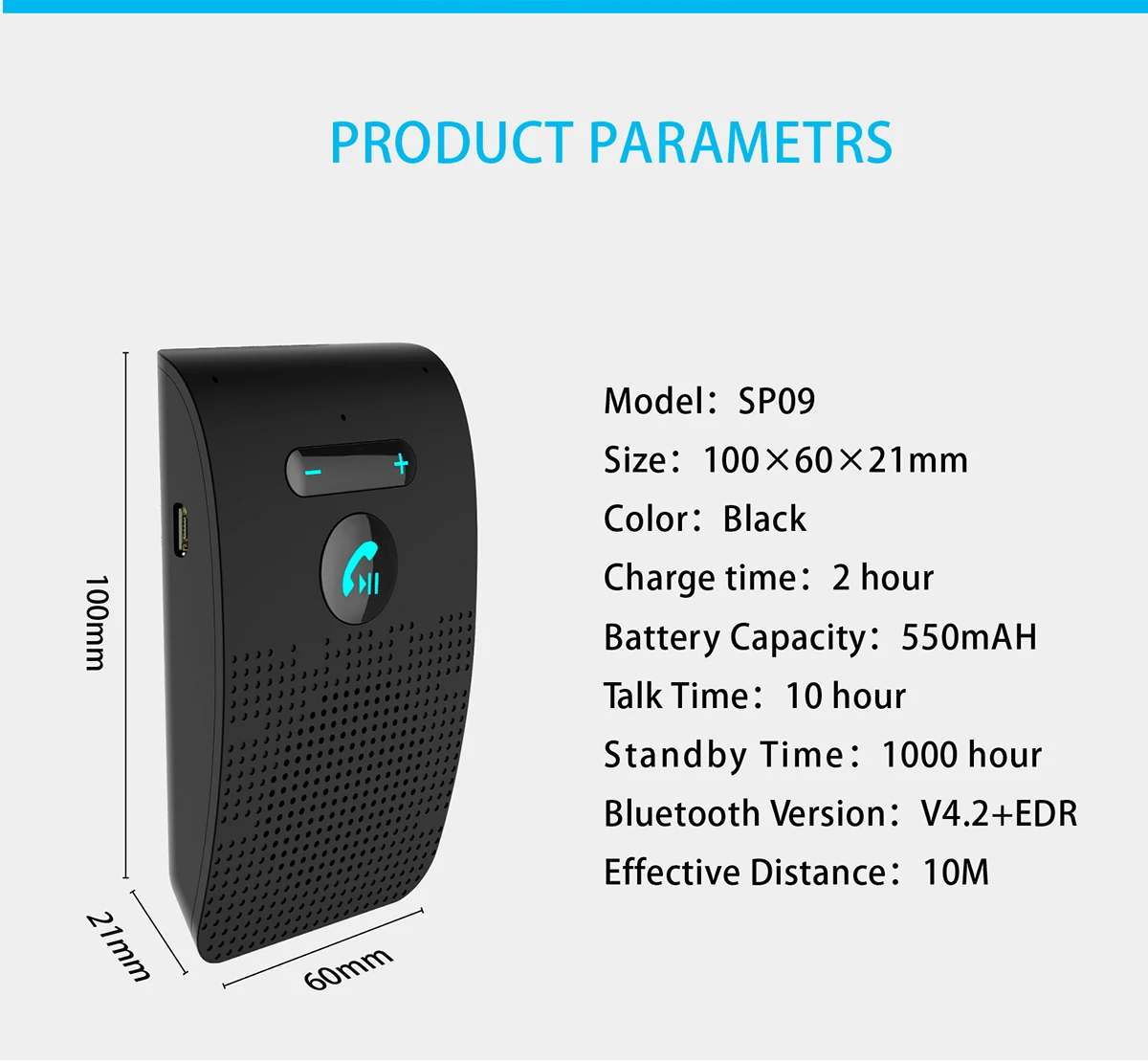 Sp09 Small Sun Visor Clip Style Multipoint Speakerphone Handsfree Call Wireless Car Kit For In