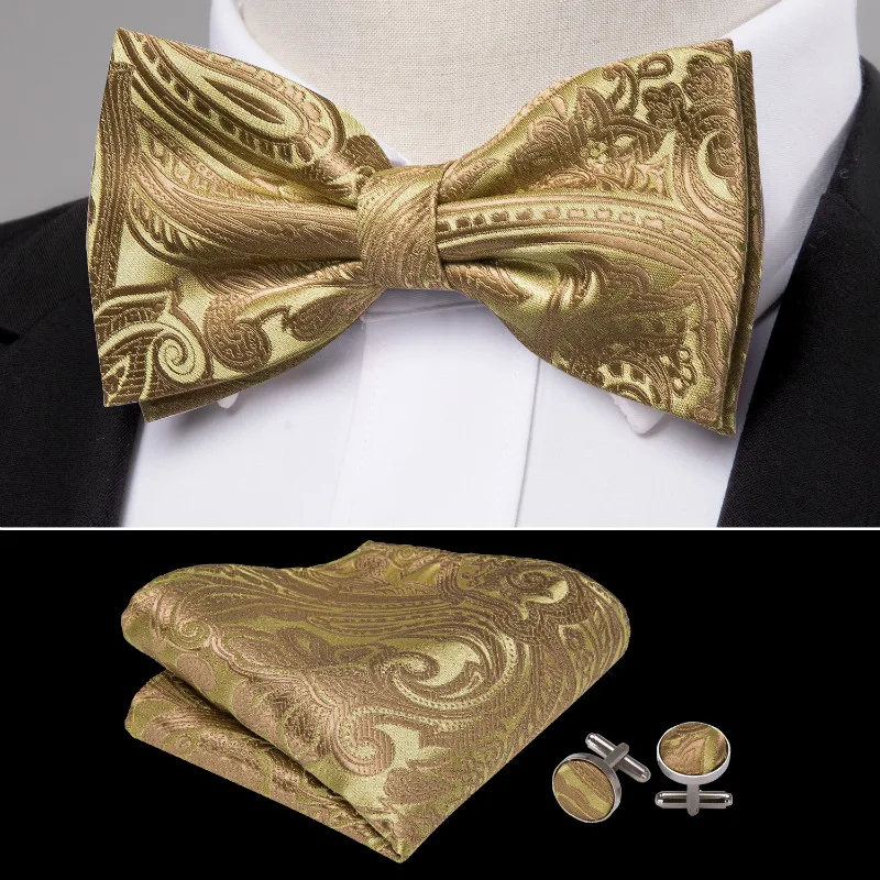 Роскошные классические жаккардовые Тканые желтые золотые Пейсли мужские шелковые предварительно завязанные галстуки-бабочки для мужчин ручной работы