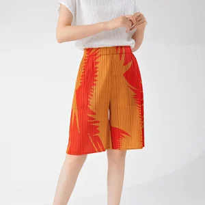 Summer Fashion Women Stretch Print Casual Pants Pleated Loose Straight Design With Knee Length Sustainable One Size for Ladies