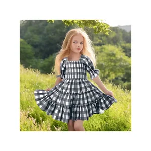 Summer Elegant Plaid Floral T-Shirt Puff Sleeves Elastic Waist Ruffle Loose Vintage Casual Girl Dress