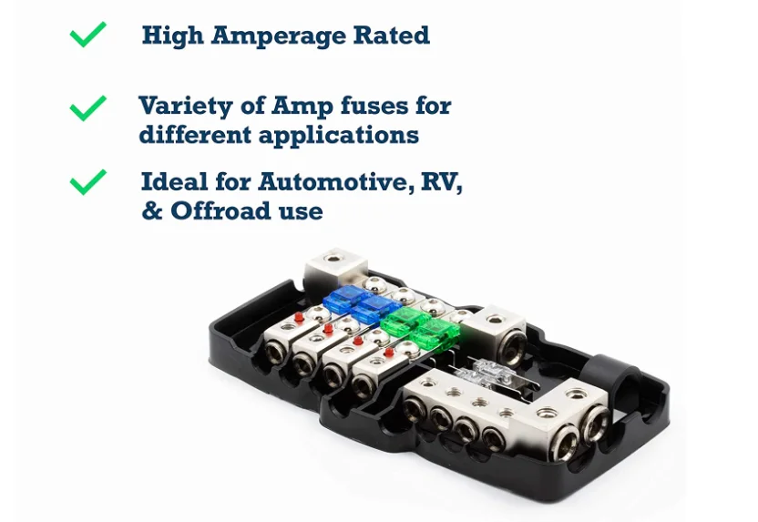 Blocco Distribuzione Alimentazione 4 Vie Con Fusibili - Per Amplificatore Auto (Protezione Audio)