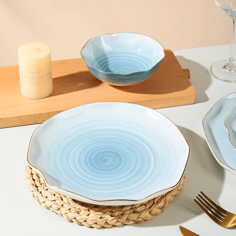 Wholesale Table Wavy Rim Sesame Glaze Orange Color Gold Rim Personalized Salad Cereal Ceramic Decorative Bowl and Plate factory