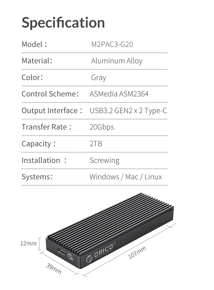 Orico M2pac3-g20 Ssd Case M.2 Nvme M Key M&b Key Solid State Drive Box Type  C Usb 3.2 20gbps External Hard Drive Enclosure