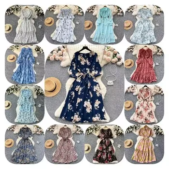 Seaside Vacation Style French Square Neck Bubble Sleeve Floral Womens Chiffon Long Dresses