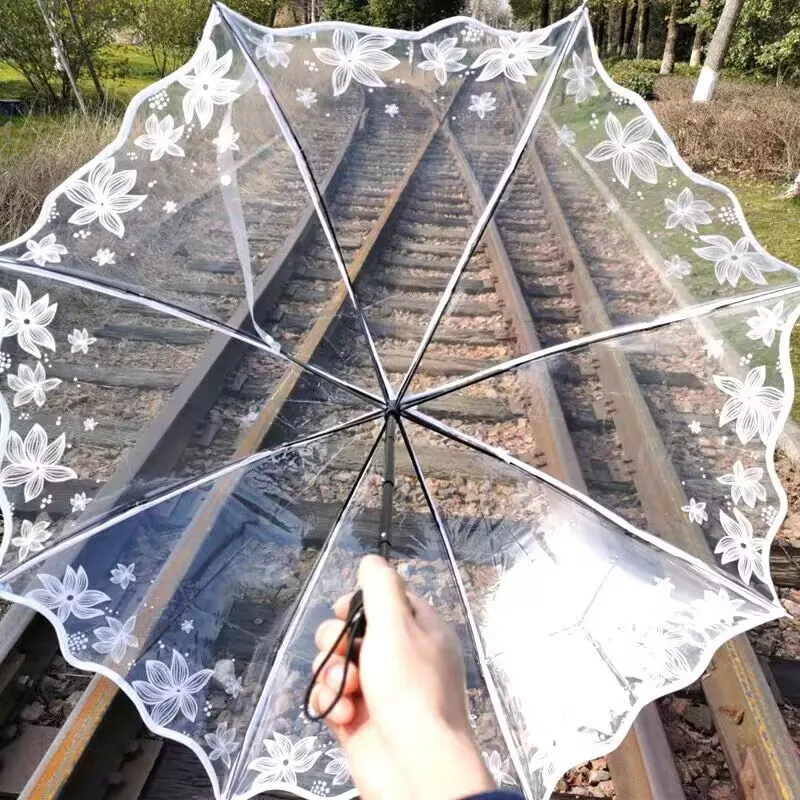 Modern Manual Cherry Blossm Printed 3-Folding Ruffled Edge POE Plastic Transparent Umbrella for Travel Girls Students