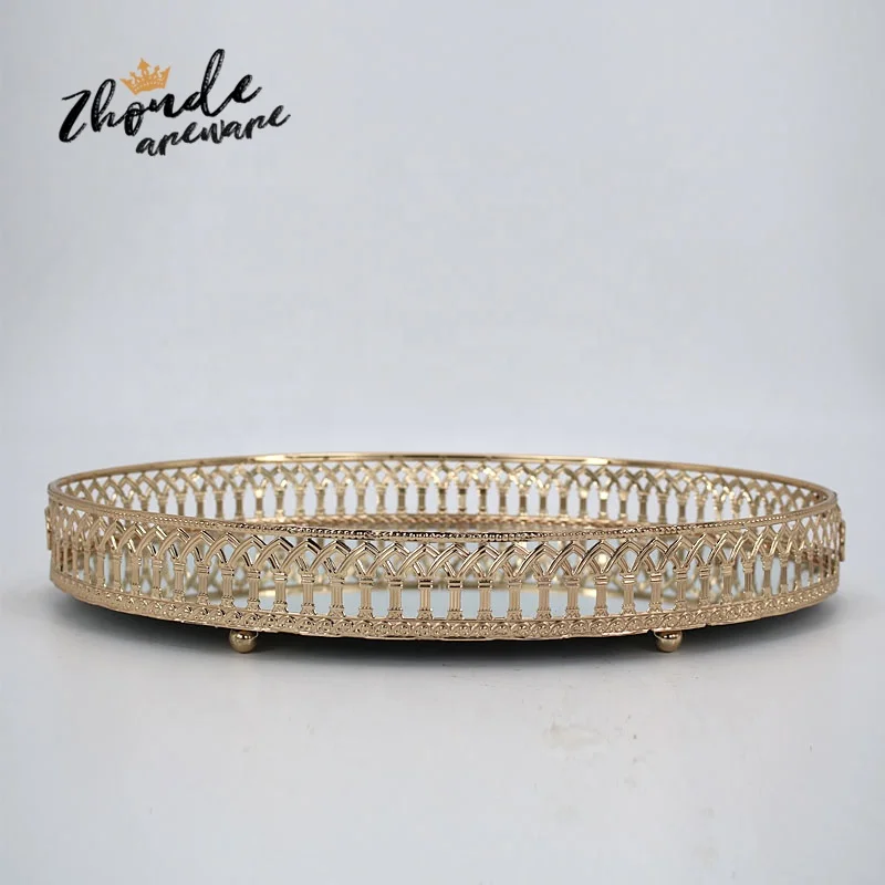 Wholesale Coffee Serving Glass Mirror Tray For Perfumes Tea Gold Metal Tray