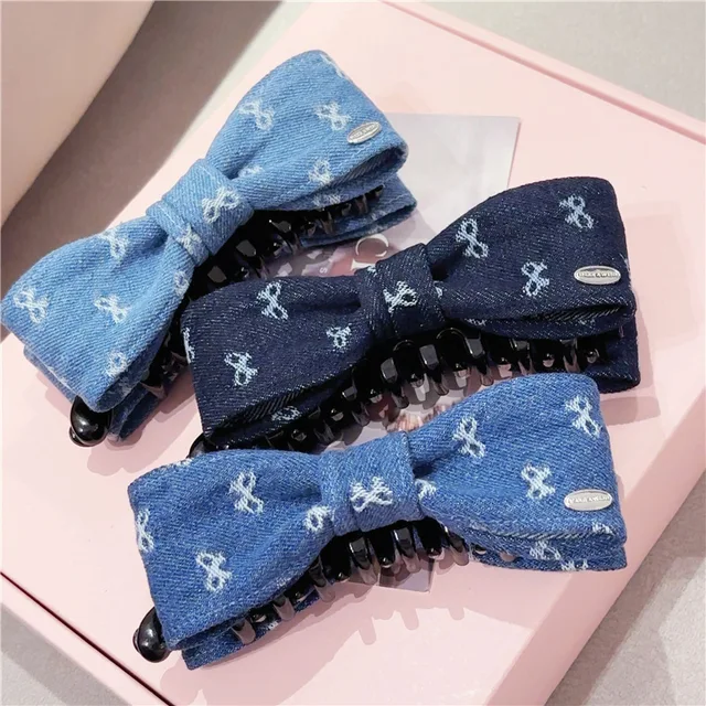 Korean Handmade Fabric Hairgrips Solid Color Elegant Blue Bow Barrettes Simple Fresh Retro Hairpin