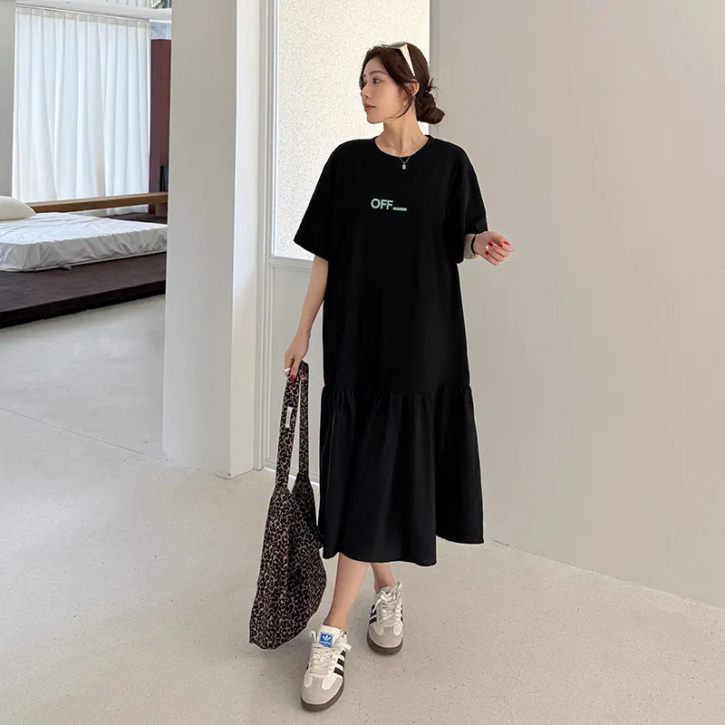 Korean Maxi Dress Oversized Printed Long Tee Shirts Casual Loungwear Summer  Patchwork Ruffled Graphic T Shirt Dresses Women