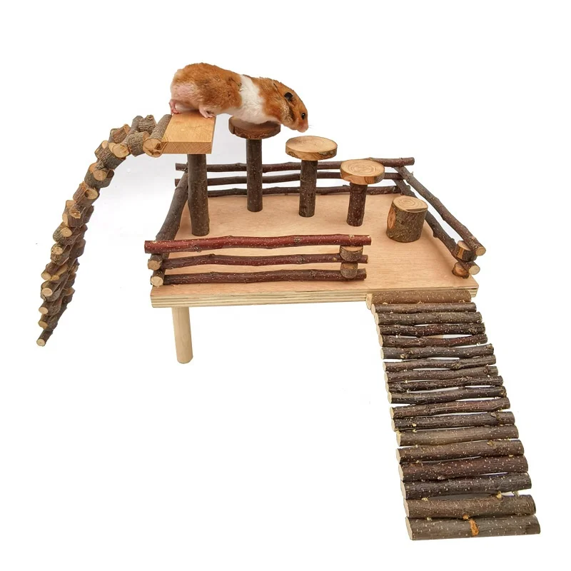 Small Animal Natural Tunnel Ramp Fence and Chew Toys for Mice Gerbils JSLZF Hamster Wooden Bridge Hamster Suspension Climbing Ladder 