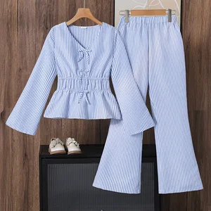 2026 Spring New Design Big Girl Garment Long Sleeved Striped Long Sleeved Shirt Flared Pants 2 Pcs Casual Teenage Clothes Set