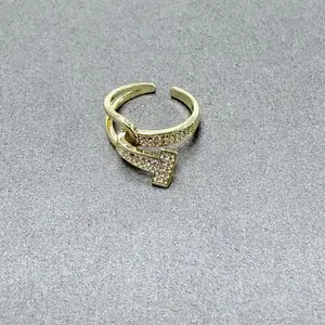 Fashion Custom Design Jewelry Cubic Zirconia Rings Dainty Gold Plated T-shaped Opening Adjustable Rings for Girls