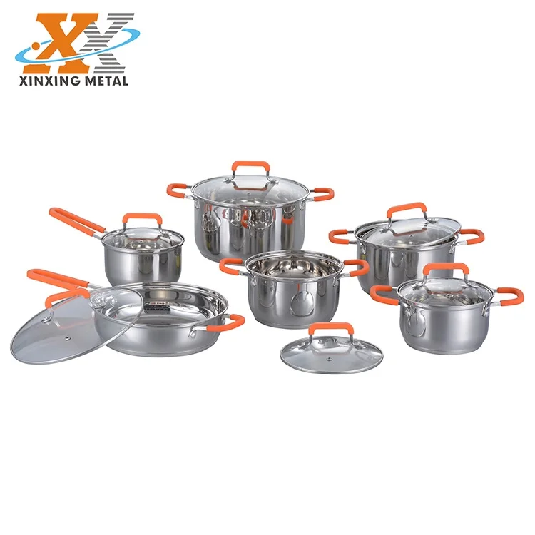 Low Price 12 Pcs Pots And Pans Stainless Steel Cookware Set With Silicon Handle