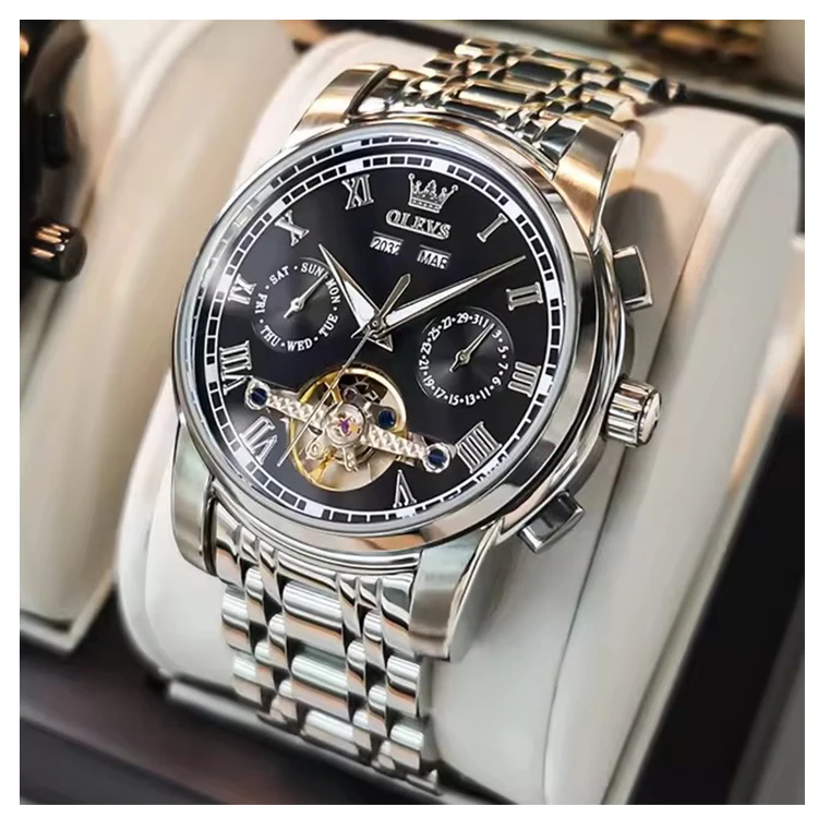 Olevs 6607 Fashion Sports Waterproof Automatic Moon Business Watch Reloj Mechanical Watches Luxury Tourbillon Mens Wrist Watches