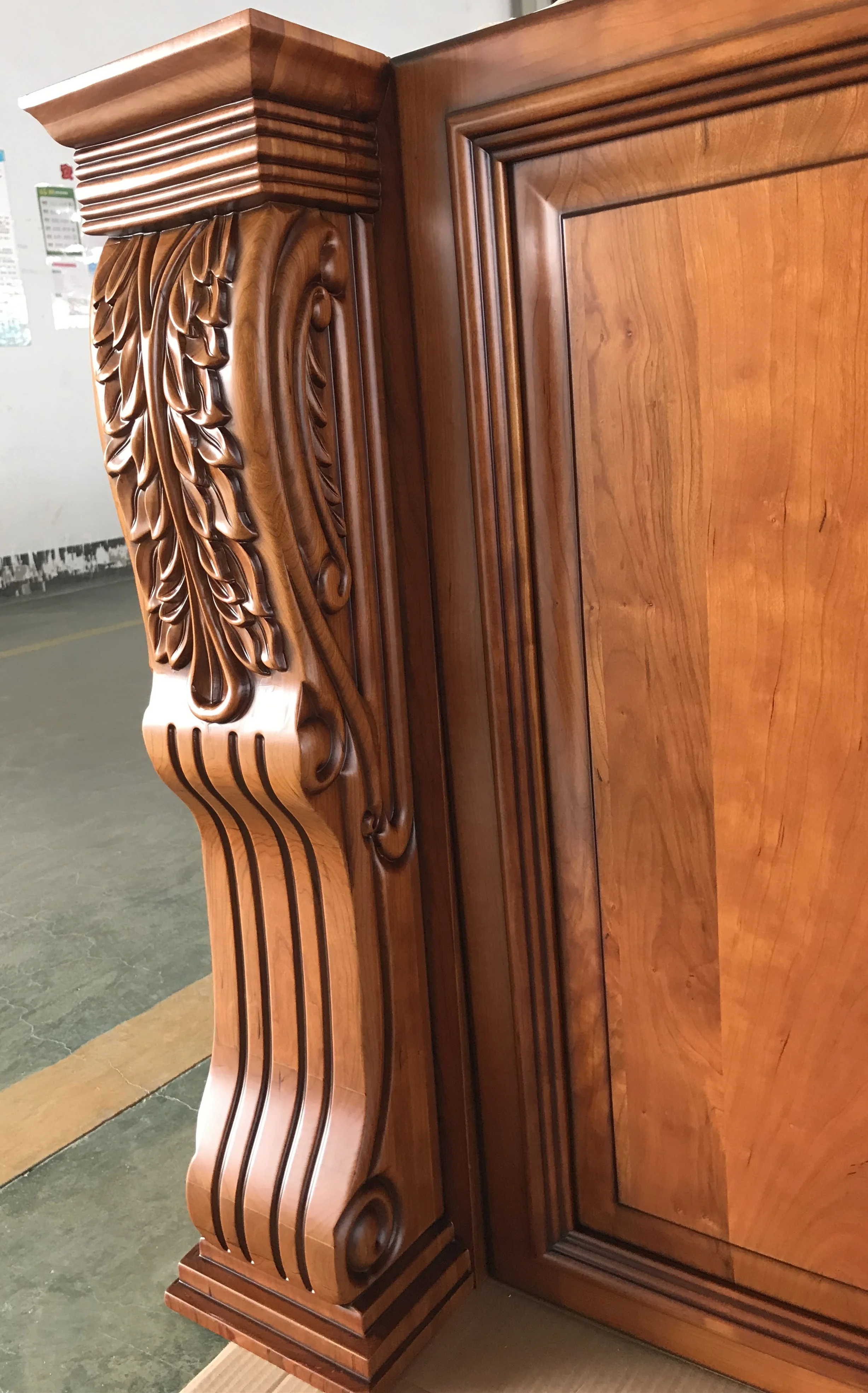 Antique American Style Red Cherry Kitchen Cabinet Designs With Evident Cherry Grain and Gold Touches