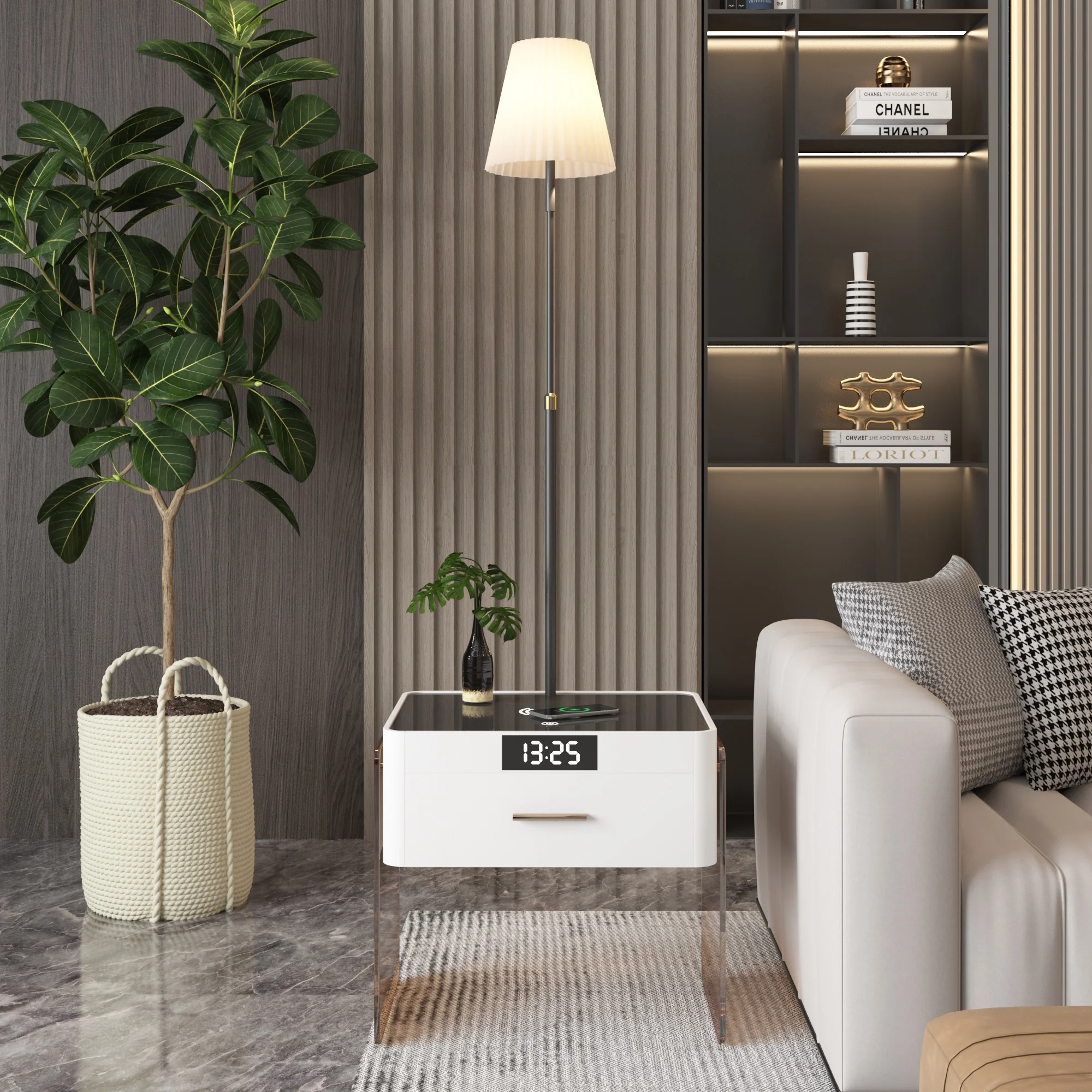 VASAGLE Smart Fingerprint Lock Bedside Table with LED Touch Light Bluetooth Speaker Bedroom Wireless Charging Nightstand