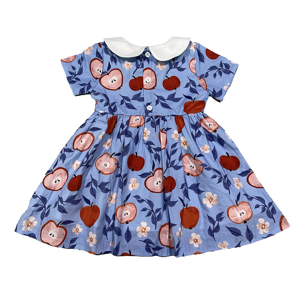 Custom Made Kids Girls apple Printing Dress Peter Pan Collar Short Sleeves Cotton Dresses Back to School Children Clothing