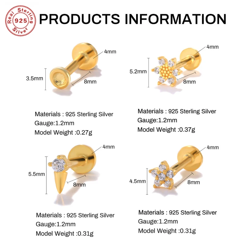 Gaby Flat Back Lip Ring Tragus Piercing Earrings 925 Sterling Silver