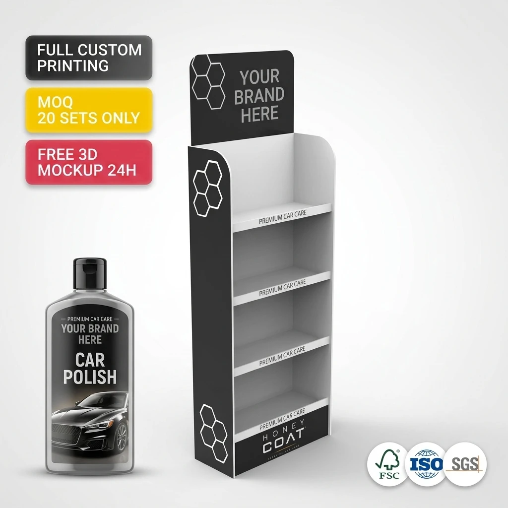Custom Car Care Floor Display Stand for Auto Detailing Products Motor Oil Engine Oil Car Wash Polish Wax Bottle Holder Hardware Store Supermarket Retail FSDU Rack with Header Board and Logo Branding Waterproof Heavy Duty PVC Shelf Stand
