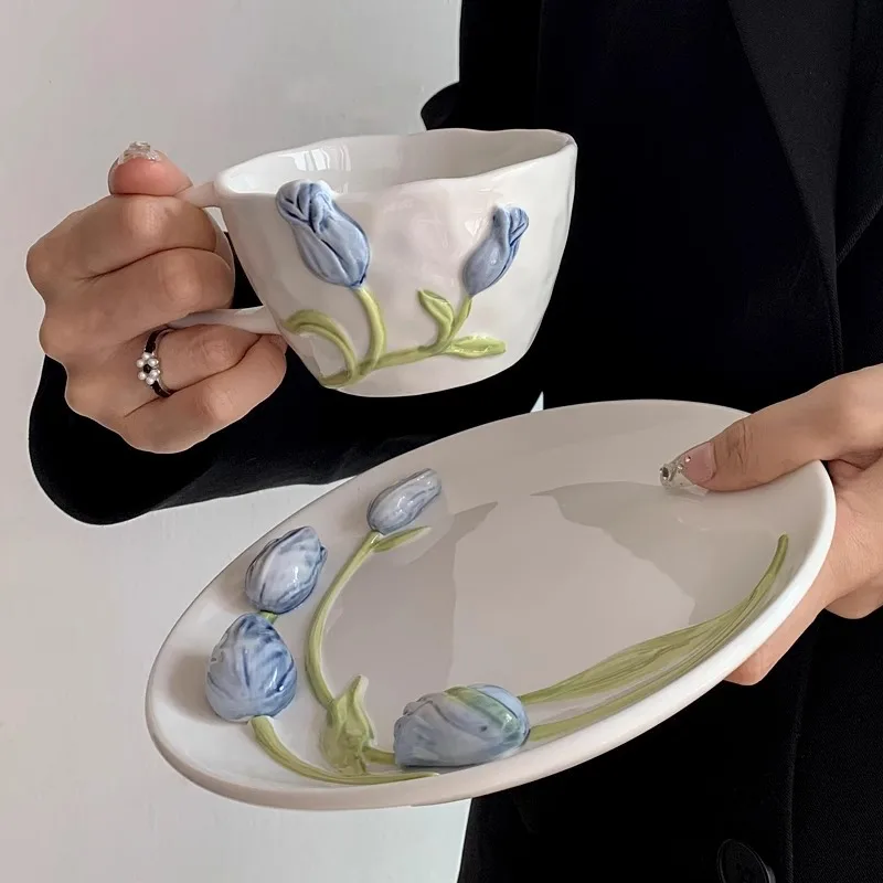 Tulip Flower Embossed Hand-Painted Ins Style Mug Coffee Cup and Saucer ...