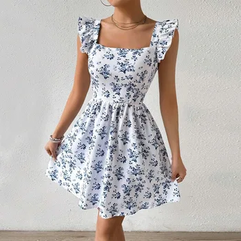 2024 European American Spring/Summer Sweet Slim Design Large Open Back Tie Small Flying Sleeve Floral Dress