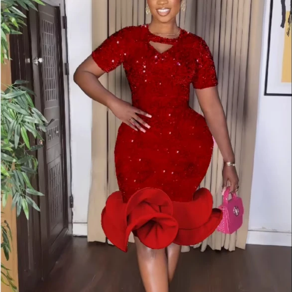 Factory V Neckline Red Glitter Sheath Velvet Mermaid Cocktail Dress Woman