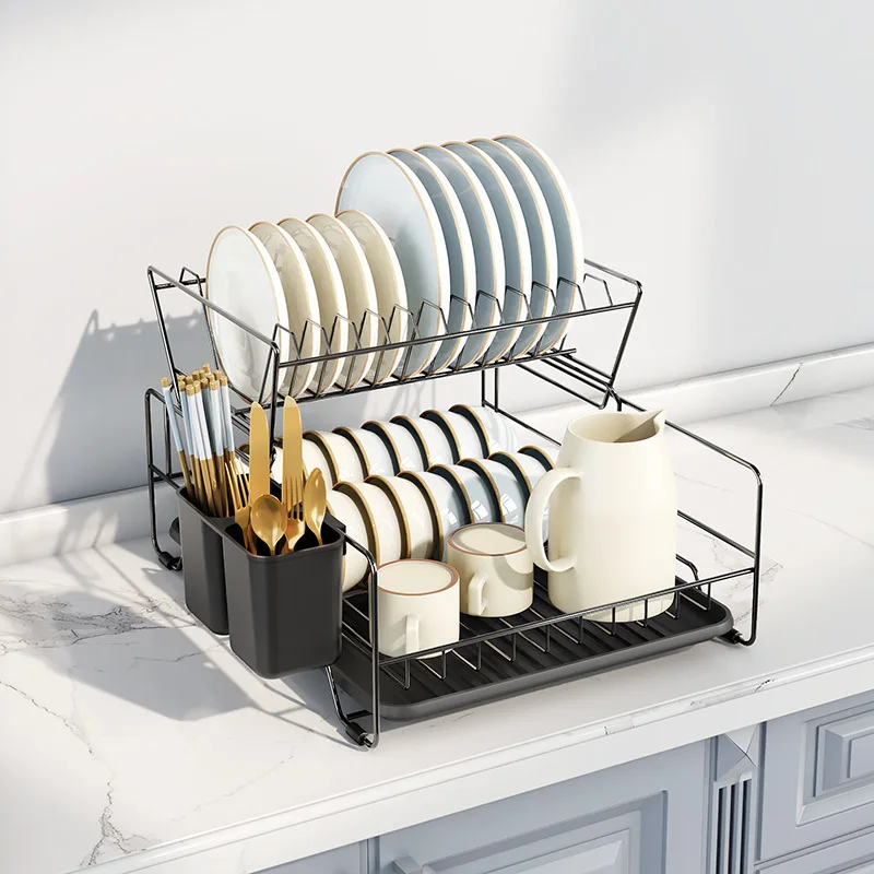 Kitchen Household Double Tier Storage Shelf Drain Rack Standing Type Organizer