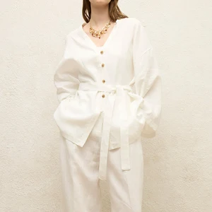 Wholesale Women Clothing Linen Shirts Casual Cotton  Long Sleeve Shirt Loose Blouses with Belted for Ladies