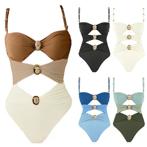 Custom New Design Women's Cut Out Colorblock One Piece Swimsuit Ruched Swimwear Bathing Suit