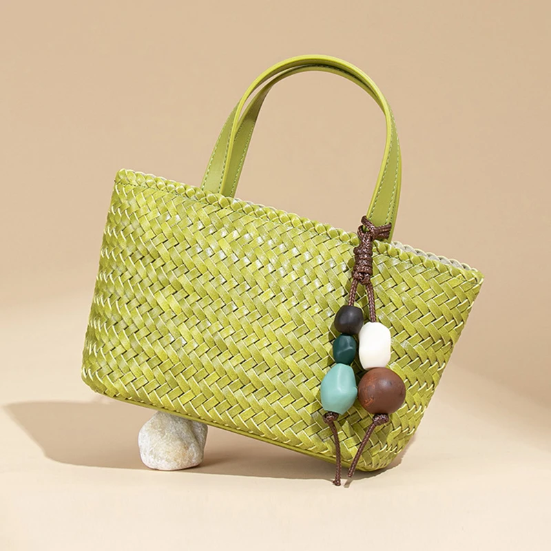 2026 New Summer Macaron Market Woven Tote Bag Trendy Versatile Shoulder Crossbody Bag PU Leather Fashion Unique Beach Vacation