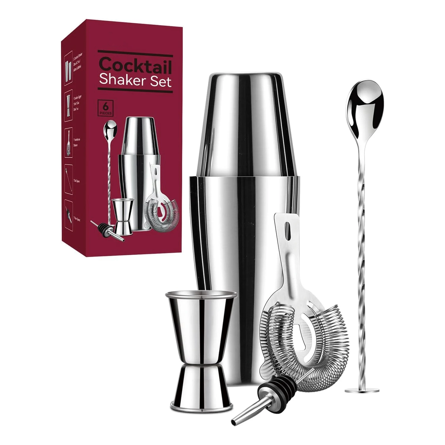 5-Piece Stainless Steel Boston Cocktail Martini Drink Shaker Bar Set Tools Cocktail Strainer Bartender Kit Double Measuring with Custom Logo