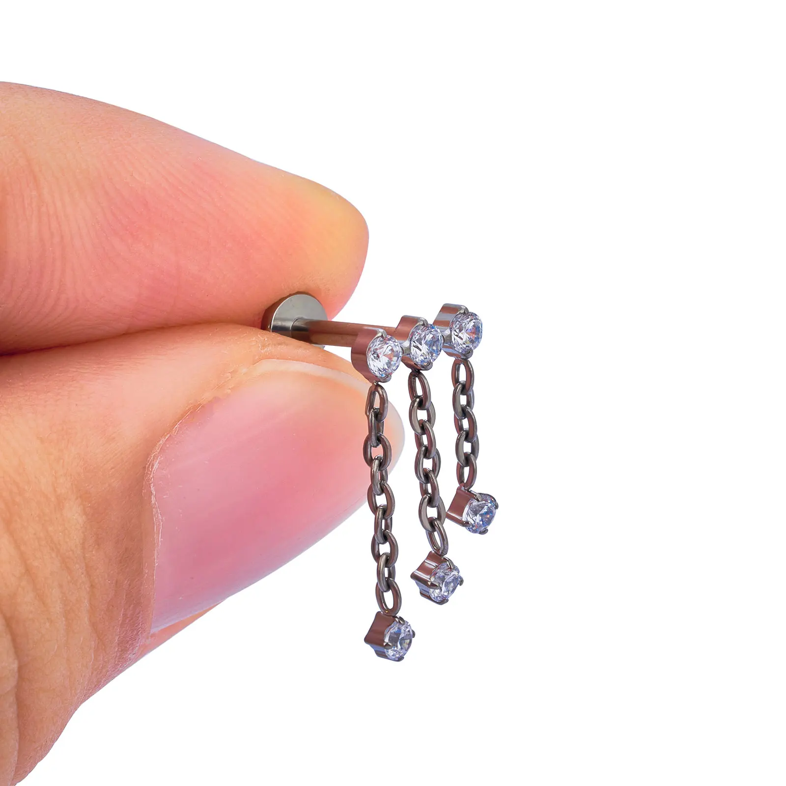 ASTM F136 Titanium Chain and Hinged Earring Zircon Inlay Ear Studs Labret Sling Originality Punk Body Piercing Jewelry