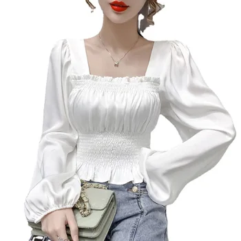 Women Chiffon Long-sleeved Shirt Waist Square Collar Acetate Satin Blouse Puff Sleeve Top