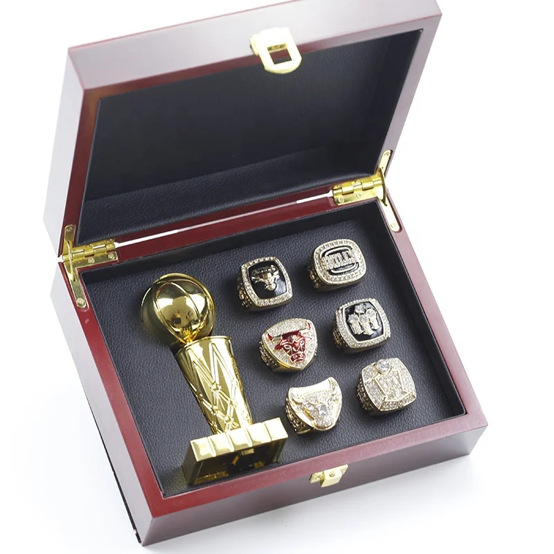 Wholesale Bulls 91 92 93 96 97 98 Michael Jordan 6 Championship Rings With  12cm Metal Gold Trophy Into 1 Set Championship Nbarings From m.
