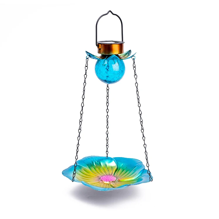 Solar Wild Bird Bath Feeder Outdoor Metal Hanging Glass Feeder Tray Crackle Ball Light Waterproof Yard  