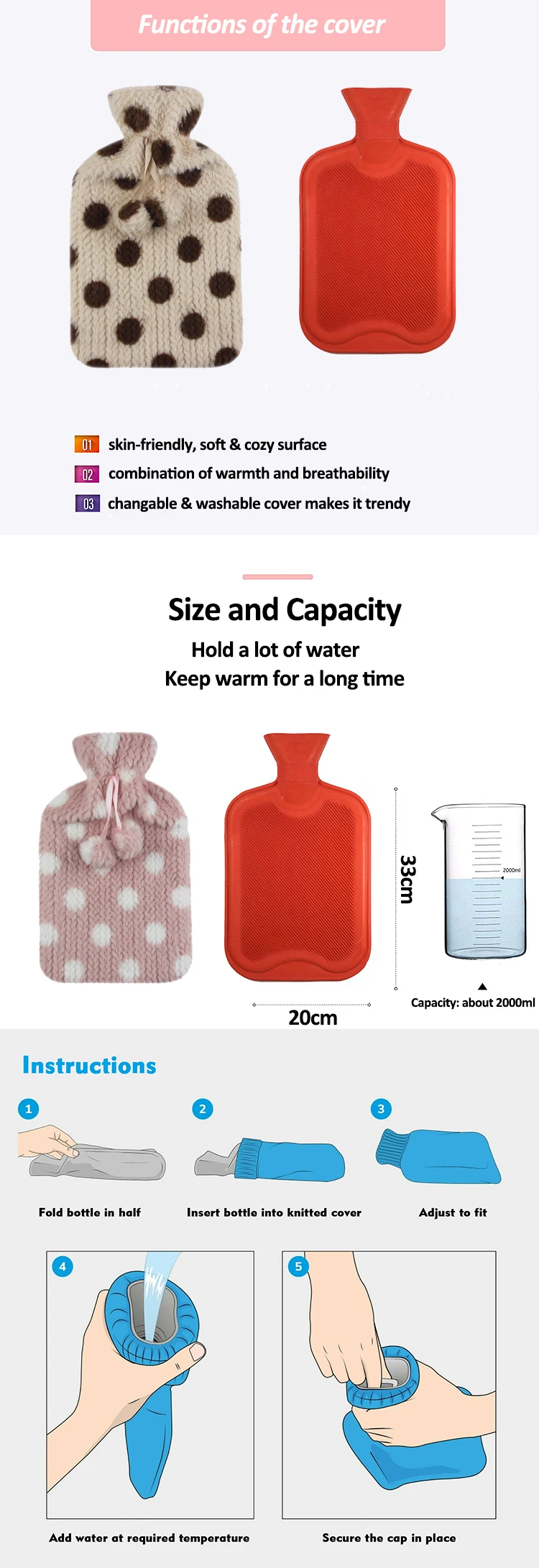 factory price custom cute eco-firendly heating pad medical rubber extra long hot water bag hot water bottle plush cover