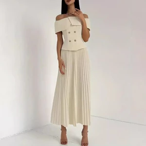 2025 Fashion Sexy Skirt Office Lady Two-Piece Suit Off-shoulder Tops and Pleated Long Skirt Matching Sets Women Two Piece Set