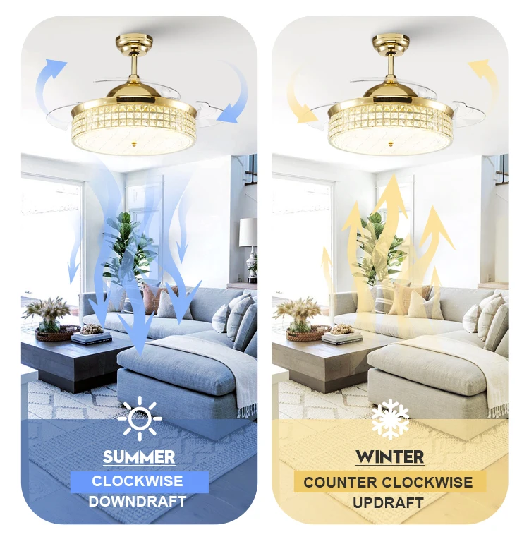 42 inches Luxury Remote 40w Retractable Reversible Gold Crystal Chandelier Invisible Ceiling Fan with Light