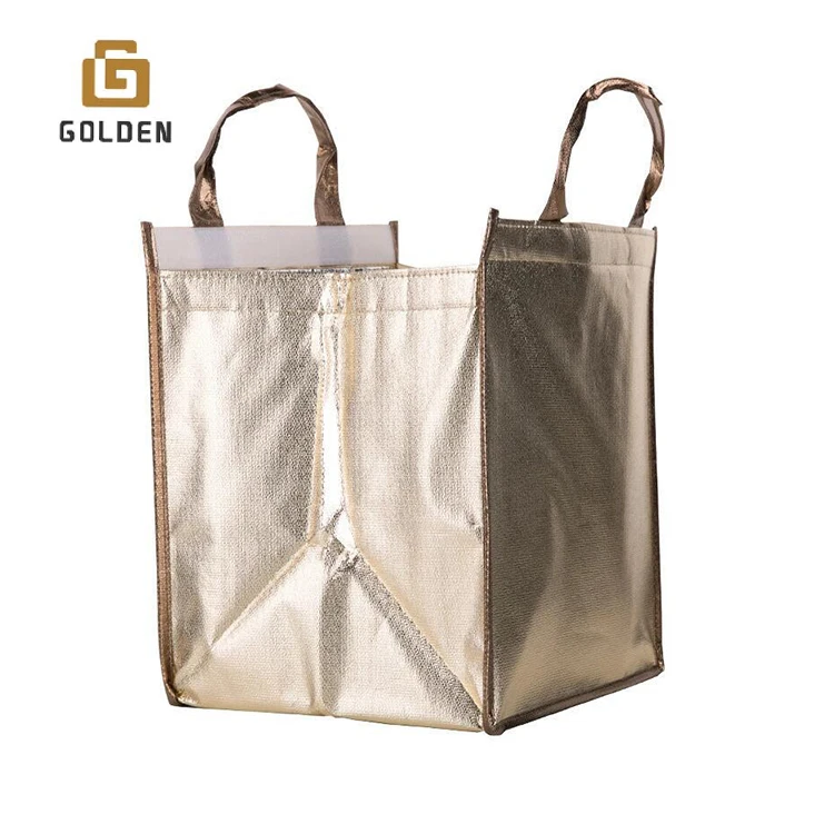 Golden Custom Imprint Portable Non Woven Large Insulated Tote Bag Thermal Lunch Cooler Bag