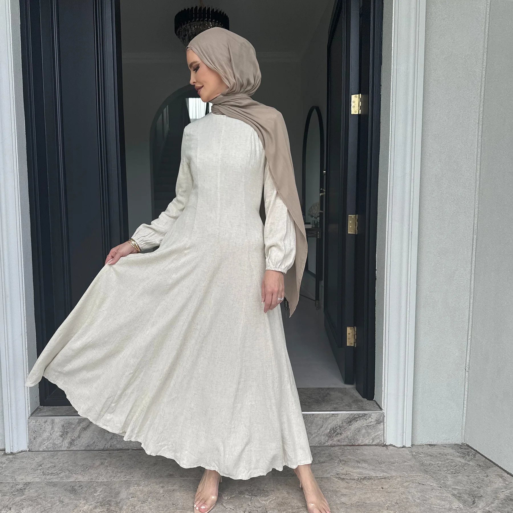 Crew Neck Modest Dress Linen Abaya Kimono Dubai Turkey Close Abaya Kaftan Muslim Dress Islamic Clothing Women Maxi Dress