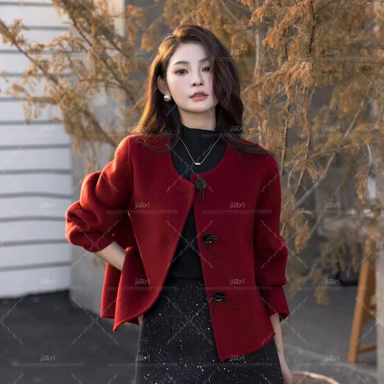 Elegant Long Sleeve Girls Red Jacket for Autumn and Winter Casual Solid Pattern Made of Women's Wool & Blends