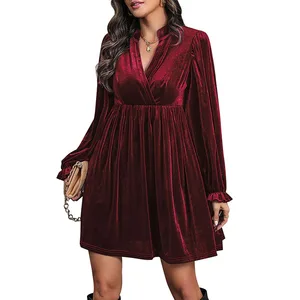 Winter casual velvet short skirt, long-sleeved stand-up collar, loose waist, party and date dress
