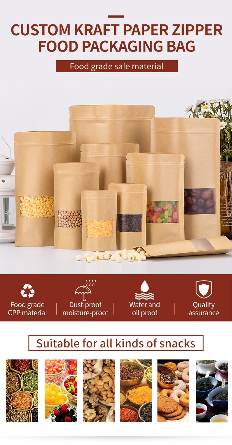 Kraft Paper Bags Zip Lock Brown With Window Stand up Resealable Grip ...